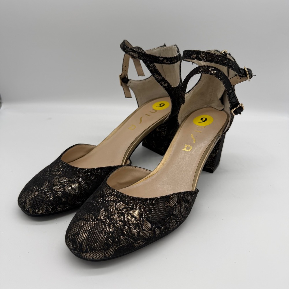 Unisa Georgie-M Womens 9M Black Gold Floral Brocade Block Heel Ankle Strap Pumps